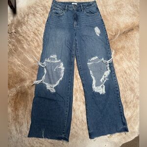 Forever 21 Dark Blue Distressed Flare Jeans